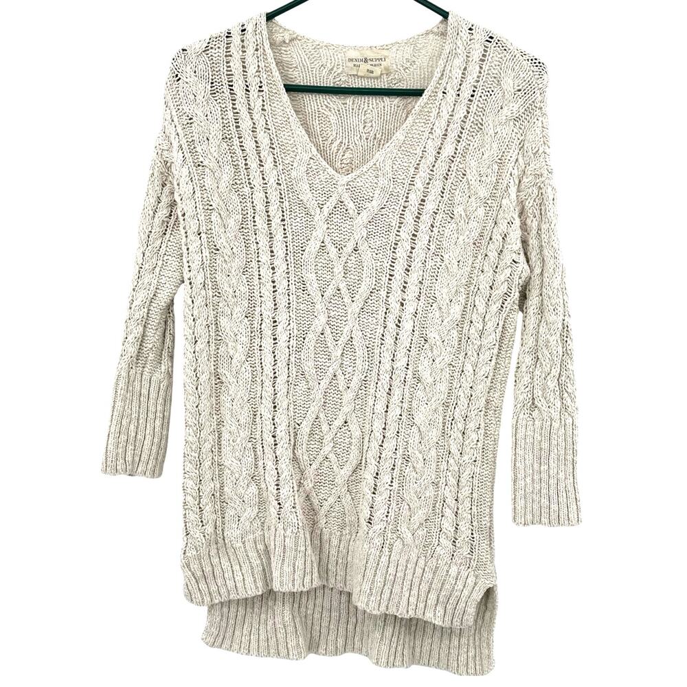 Denim & Supply Ralph Lauren Size Medium Cable Knit V Neck Pullover Sweater Cream